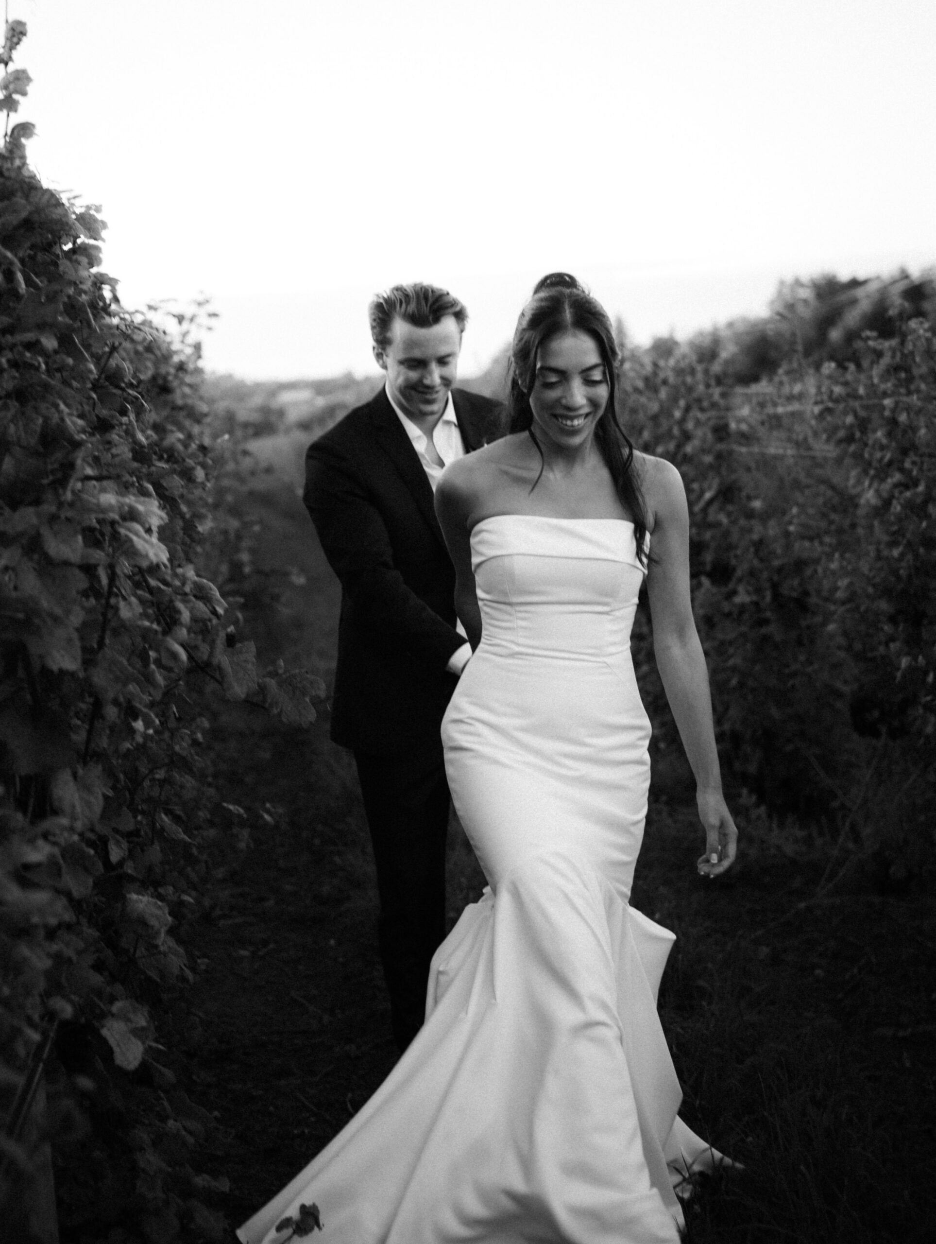 Sunset wedding portraits in the vines at Anyela's Vineyards